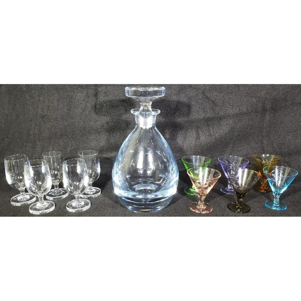 Vintage SIGNED Strombergshyttan Swedish Decanter w/Stopper & 11 Cordials